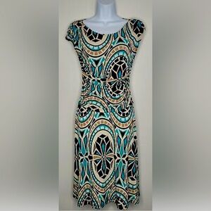 Enfocus Studio Blue, Black, White & Tan Geometric Print Midi Dress - Size 6